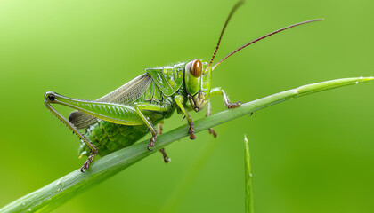 A close-up of a green grasshopper perched on a blade of grass against a blurred green background.