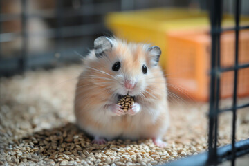 A cute hamster holding a small pine cone, sitting in its cage filled with bedding material.