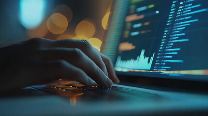 Wall Mural - close up of hand tapping on laptop keyboard, with blurred background of colorful lights and data on screen, creating focused and dynamic atmosphere