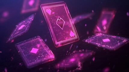 Wall Mural - Abstract digital pink cards hologram on dark background. Online casino, poker and digital gaming concept. 3D Rendering