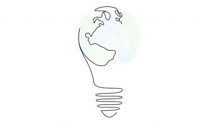 Wall Mural - self drawing animation of continuous one line art of light bulb with earth globe inside. eco innovat