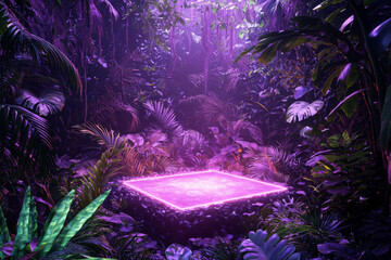 Wall Mural - A mystical jungle scene featuring a glowing, purple-lit platform surrounded by lush, vibrant foliage.