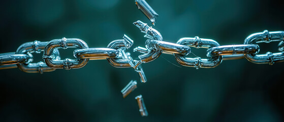image depicts broken chain, symbolizing strength and vulnerability. metallic links are shown in dyna
