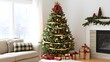 © F - Classic Christmas tree adorned with red ribbons, golden lights, rustic pine cones, and traditional ornaments, creating a cozy and festive holiday atmosphere