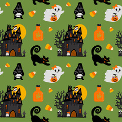 Sticker - seamlees pattern of halloween haunted house green