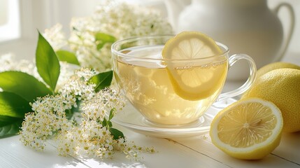 Elegant Glass Cup with Lemon and Floral Background