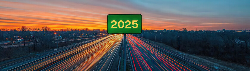 vibrant highway at dawn showcases streaks of light from moving vehicles, with prominent green sign displaying 2025. scene captures essence of new beginning and promise of future