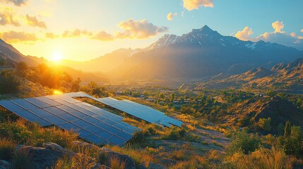 Wall Mural - Solar panels in a mountain valley at sunset.