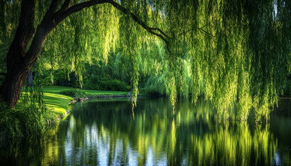 Wall Mural - A serene landscape featuring a willow tree overhanging a calm lake, reflecting vibrant greenery and tranquility.