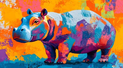 Wall Mural - A vibrant, colorful depiction of a hippo, featuring bold patterns and an artistic style against a vivid background.