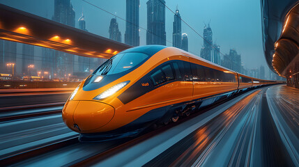 High-speed Train in Motion Against the Backdrop of Dubai’s Skyline
