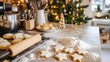 © F - Cozy kitchen with homemade Christmas cookies in the making, rolling pin and flour scattered on the counter, evoking a festive and nostalgic holiday baking scene
