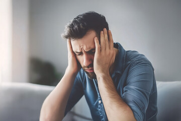 Wall Mural - Depression, Depressed man, sitting in a living room, his head cradled in his hands, suggesting a state of deep thought or emotional distress. The background is blurred with contemporary decor