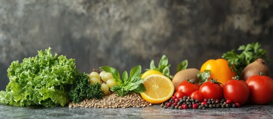 Sticker - Fresh Vegetables, Fruits, and Spices Arranged on a Table.