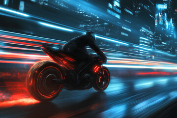 motorbike at high speed along the highway of cyberpunk city