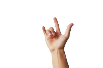 Asian man's hand showing up gesture on white background