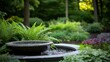 © Elmira - A small stone fountain softly trickles water amidst verdant ferns and blooming shrubs, with warm solar lights creating a serene atmosphere in the garden