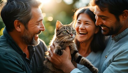 Wall Mural - Joyful cat adoption celebration in a sunlit garden, capturing families with their new furry friends in a heartwarming and uplifting moment