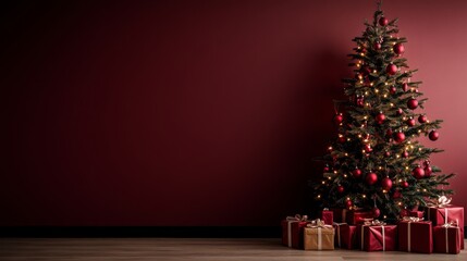 Wall Mural - The tall Christmas tree, decorated with shimmering red baubles and glowing fairy lights, stands next to neatly wrapped presents, creating a warm holiday atmosphere