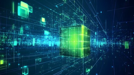 A computer screen with a bunch of green cubes. The cubes are arranged in a grid and are connected to each other. Concept of technology and organization