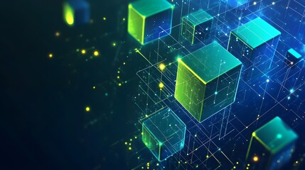 A computer screen with a bunch of green cubes. The cubes are arranged in a grid and are connected to each other. Concept of technology and organization