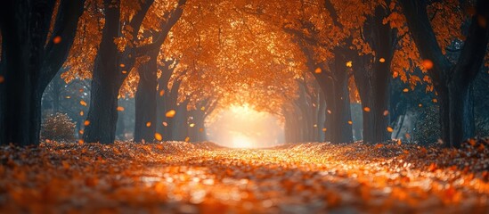 Canvas Print - Sunlit pathway through an autumnal forest with falling leaves.