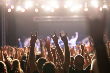 Canvas Print - Crowd at concert and colorful stage lights.