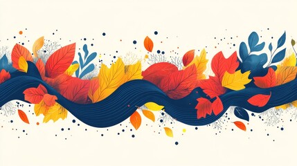 A vibrant illustration celebrating autumn, featuring colorful leaves and flowing lines in a warm palette of reds, yellows, and blues