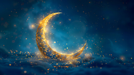 Wall Mural - Illustration for eid al-fitr with golden crescent moon on blue background and gold sparkles