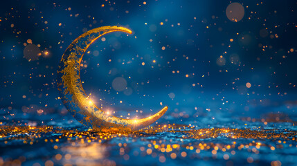 Wall Mural - Illustration for eid al-fitr with golden crescent moon on blue background and gold sparkles