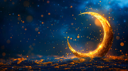 Wall Mural - Illustration for eid al-fitr with golden crescent moon on blue background and gold sparkles