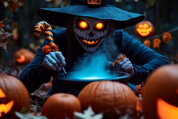 Wall Mural - A spooky witch stirring a bubbling cauldron, with glowing mist rising from it and Halloween decorations surrounding her in the eerie, dark woods