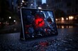 © Sanchai - A tablet infected with malware, displaying an ominous red alert and glitching graphics, as the system struggles under the attack