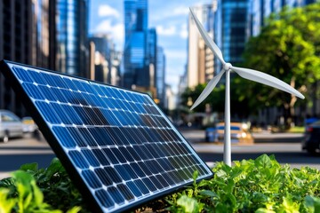 A sustainable urban development project, integrating renewable energy sources like solar panels and wind turbines into the cityâ€™s infrastructure