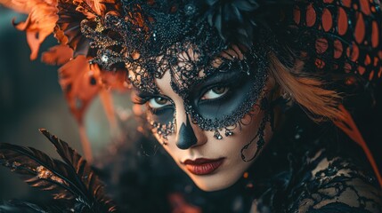 a close-up of a model dressed in an intricate halloween outfit, emphasizing the details and artistry