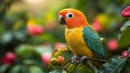 Poster - Vibrant Parrot Perched on a Branch in Lush Tropical Foliage