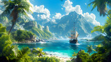 Pirate adventure on the high seas. Large pirate ship making its way to the bay of a tropical island.