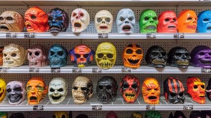 A colorful display of Halloween masks in a store, showcasing a variety of spooky, funny, and creative designs for costumes