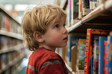 little boy searching book in library