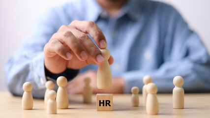 Wall Mural - hr, hrm, human resources management concept. wooden cube block print screen person. teamwork concept
