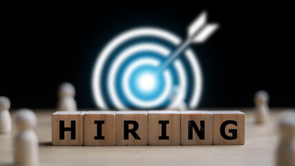 Wall Mural - hr, hrm, human resources management concept. wooden cube block print screen person. teamwork concept