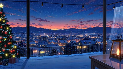 a winter scene with a view of the city in anime style