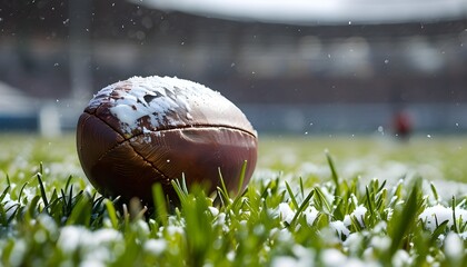 Wall Mural - rugby ball resting on grass blanketed in snow