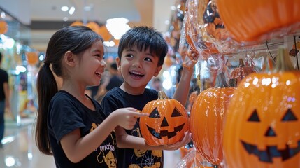 Children excitedly pointing at Halloween decorations in a shopping mall, filled with the festive spirit as they shop for treats