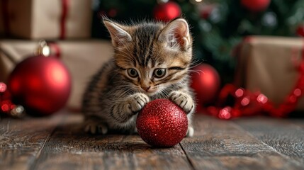 young kitten cat playing with a red christmas ball on the floor