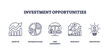 © VectorMine - Outline icons set representing growth, diversification, risk assessment, research, and innovation in investment opportunities, transparent background.