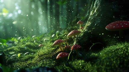 Canvas Print - Enchanted Forest: Red Mushrooms and Sunlight