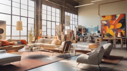 Poster - Sunlight streaming through large windows illuminates a stylish open plan industrial apartment interior, furnished with designer furniture and decorated with modern artwork
