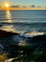 Wall Mural - Sea waves, sun, clouds, beautiful seascape.