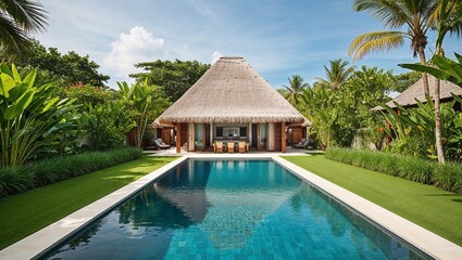 Wall Mural - luxurious tropical villa with a thatched roof and wooden structure, surrounded by lush greenery.